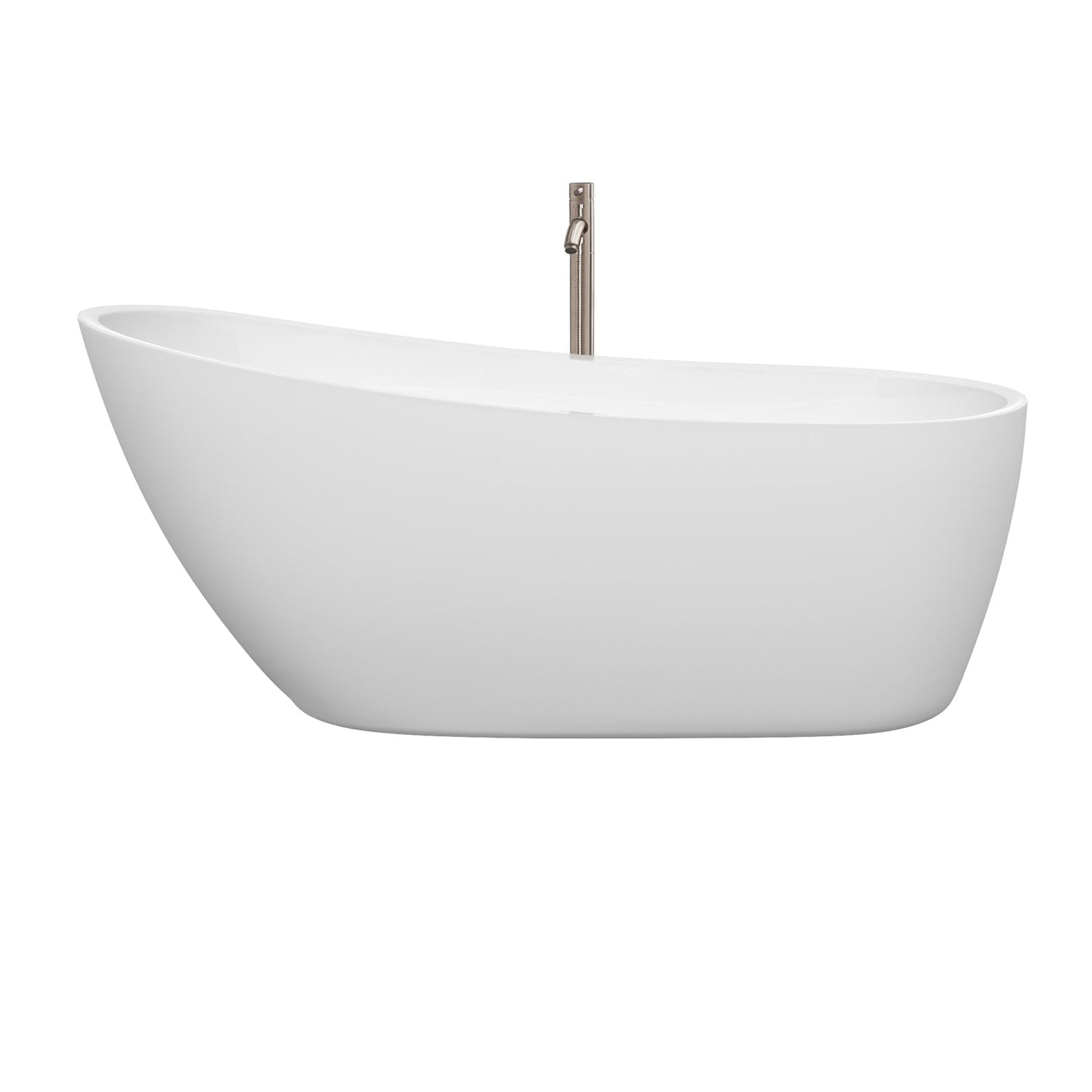 Wyndham Collection Florence 68" Freestanding Bathtub in White With Floor Mounted Faucet, Drain and Overflow Trim in Brushed Nickel