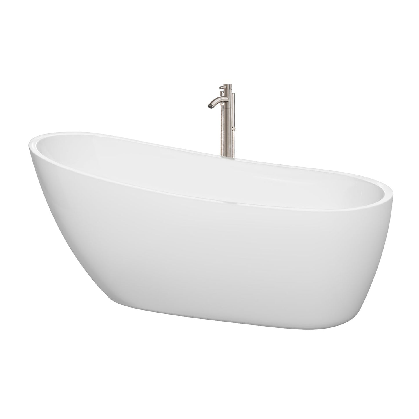 Wyndham Collection Florence 68" Freestanding Bathtub in White With Floor Mounted Faucet, Drain and Overflow Trim in Brushed Nickel