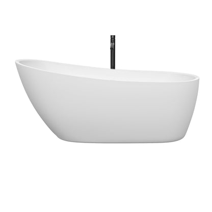Wyndham Collection Florence 68" Freestanding Bathtub in White With Floor Mounted Faucet, Drain and Overflow Trim in Matte Black