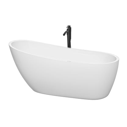 Wyndham Collection Florence 68" Freestanding Bathtub in White With Floor Mounted Faucet, Drain and Overflow Trim in Matte Black