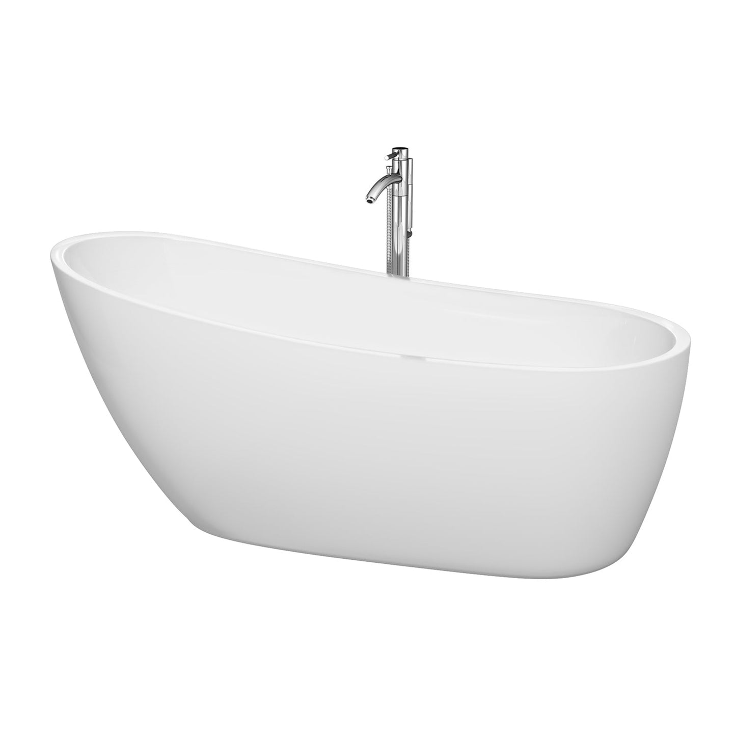 Wyndham Collection Florence 68" Freestanding Bathtub in White With Floor Mounted Faucet, Drain and Overflow Trim in Polished Chrome