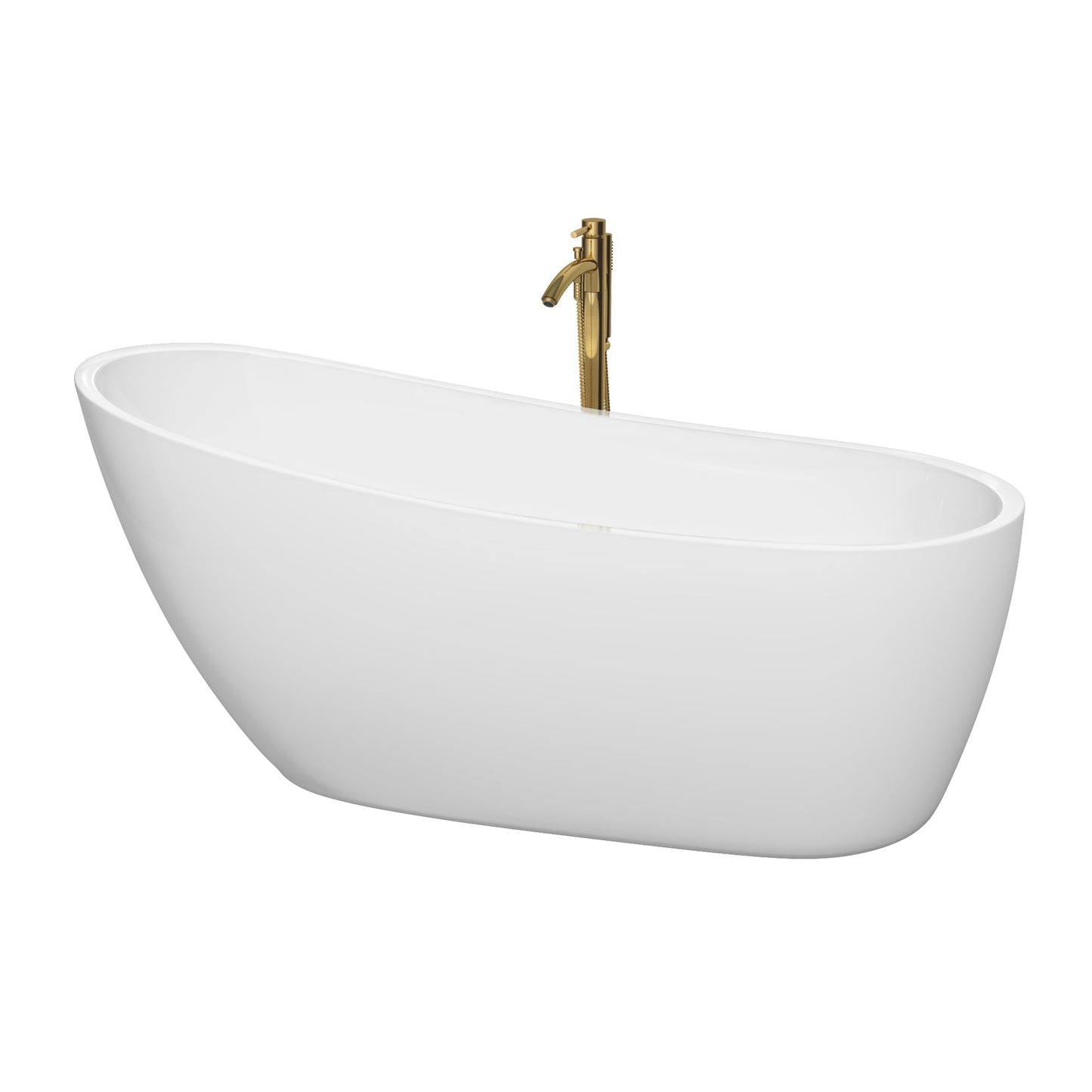 Wyndham Collection Florence 68" Freestanding Bathtub in White With Shiny White Trim and Floor Mounted Faucet in Brushed Gold