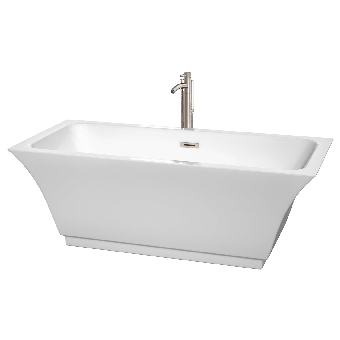 Wyndham Collection Galina 67" Freestanding Bathtub in White With Floor Mounted Faucet, Drain and Overflow Trim in Brushed Nickel