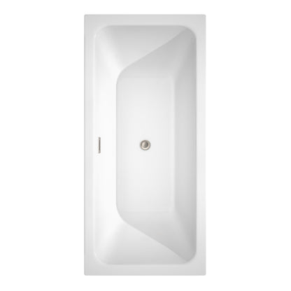 Wyndham Collection Galina 67" Freestanding Bathtub in White With Floor Mounted Faucet, Drain and Overflow Trim in Brushed Nickel