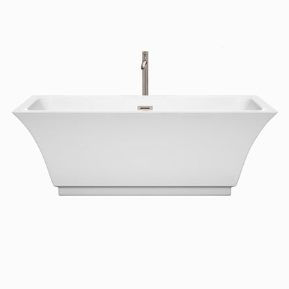 Wyndham Collection Galina 67" Freestanding Bathtub in White With Floor Mounted Faucet, Drain and Overflow Trim in Brushed Nickel
