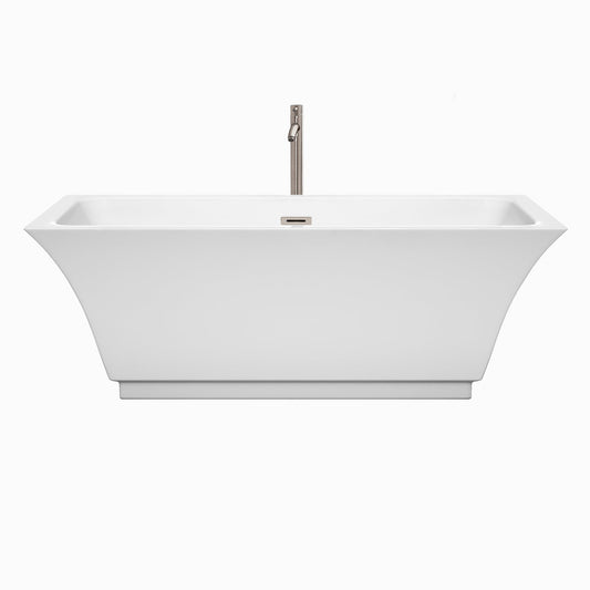 Wyndham Collection Galina 67" Freestanding Bathtub in White With Floor Mounted Faucet, Drain and Overflow Trim in Brushed Nickel