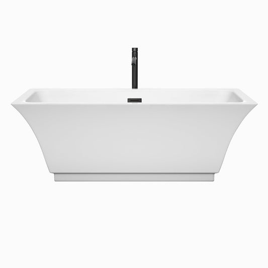 Wyndham Collection Galina 67" Freestanding Bathtub in White With Floor Mounted Faucet, Drain and Overflow Trim in Matte Black