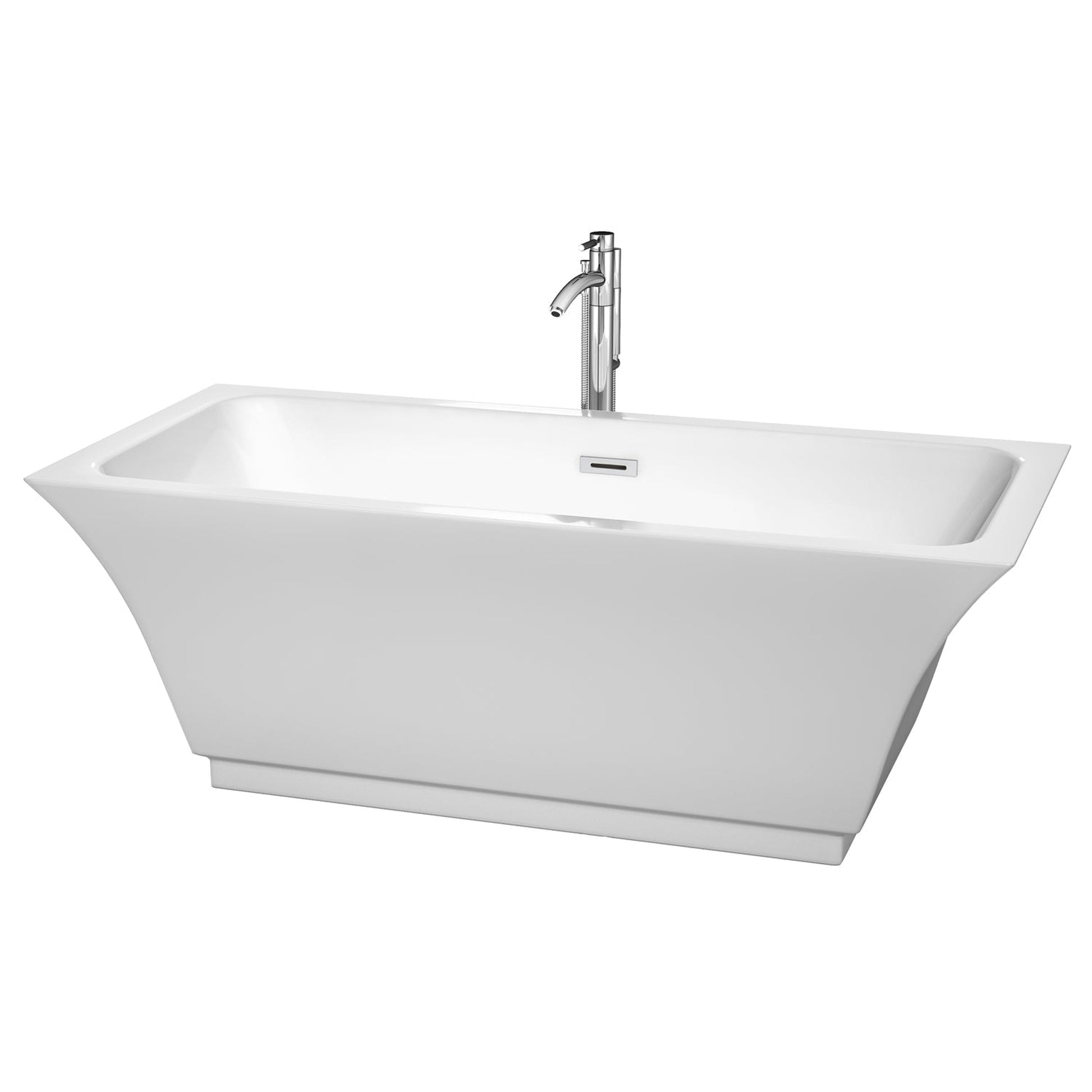 Wyndham Collection Galina 67" Freestanding Bathtub in White With Floor Mounted Faucet, Drain and Overflow Trim in Polished Chrome