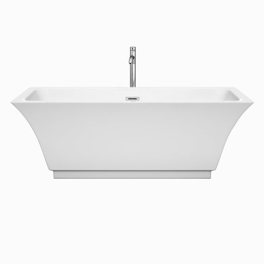 Wyndham Collection Galina 67" Freestanding Bathtub in White With Floor Mounted Faucet, Drain and Overflow Trim in Polished Chrome