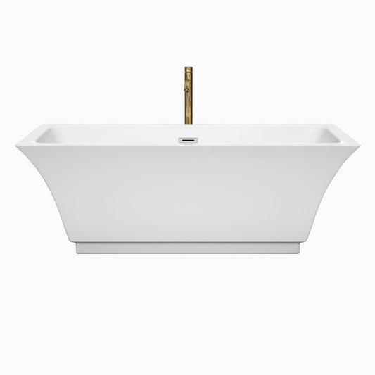 Wyndham Collection Galina 67" Freestanding Bathtub in White With Polished Chrome Trim and Floor Mounted Faucet in Brushed Gold