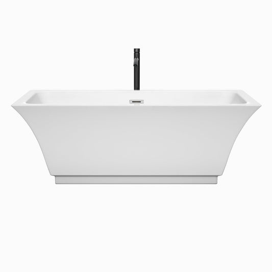 Wyndham Collection Galina 67" Freestanding Bathtub in White With Polished Chrome Trim and Floor Mounted Faucet in Matte Black