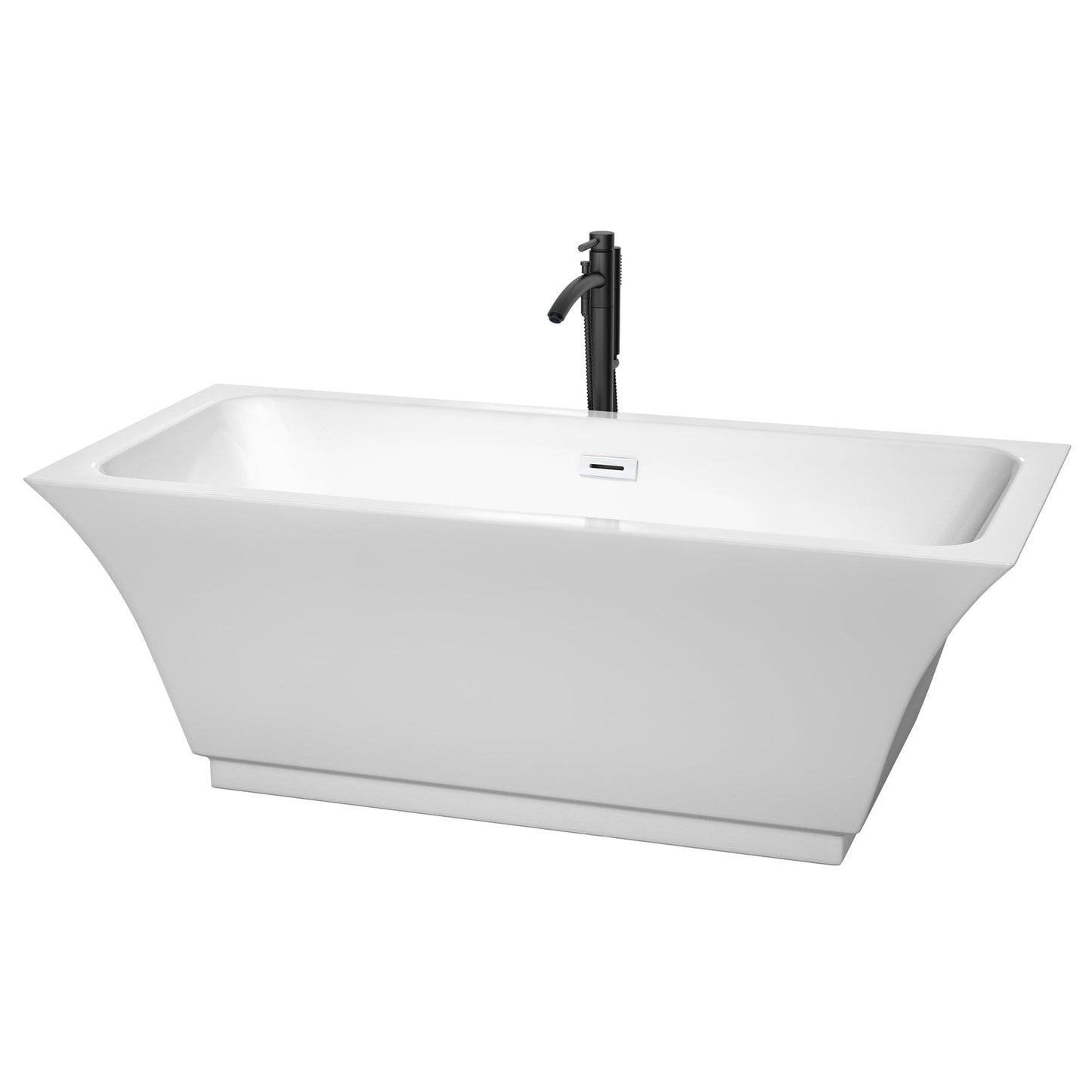 Wyndham Collection Galina 67" Freestanding Bathtub in White With Shiny White Trim and Floor Mounted Faucet in Matte Black