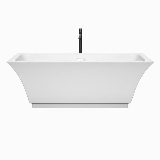 Wyndham Collection Galina 67" Freestanding Bathtub in White With Shiny White Trim and Floor Mounted Faucet in Matte Black