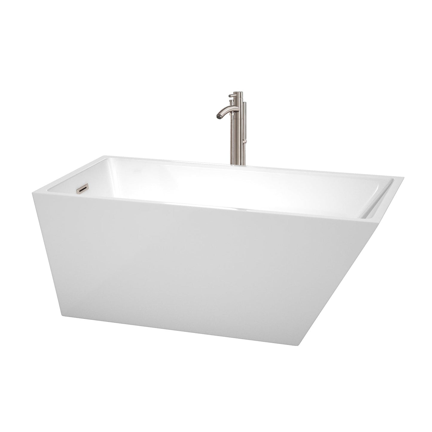 Wyndham Collection Hannah 59" Freestanding Bathtub in White With Floor Mounted Faucet, Drain and Overflow Trim in Brushed Nickel