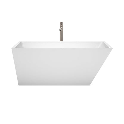 Wyndham Collection Hannah 59" Freestanding Bathtub in White With Floor Mounted Faucet, Drain and Overflow Trim in Brushed Nickel