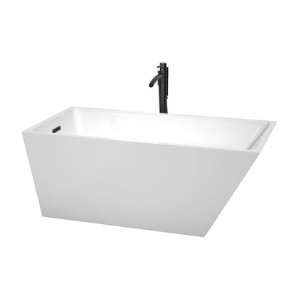 Wyndham Collection Hannah 59" Freestanding Bathtub in White With Floor Mounted Faucet, Drain and Overflow Trim in Matte Black