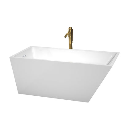 Wyndham Collection Hannah 59" Freestanding Bathtub in White With Shiny White Trim and Floor Mounted Faucet in Brushed Gold