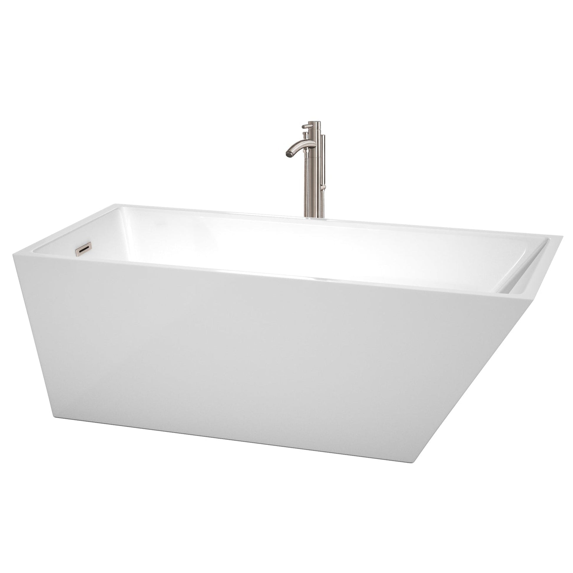 Wyndham Collection Hannah 67" Freestanding Bathtub in White With Floor Mounted Faucet, Drain and Overflow Trim in Brushed Nickel