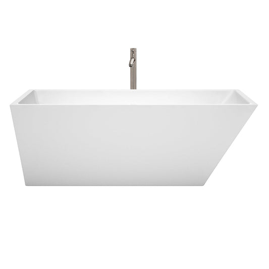 Wyndham Collection Hannah 67" Freestanding Bathtub in White With Floor Mounted Faucet, Drain and Overflow Trim in Brushed Nickel