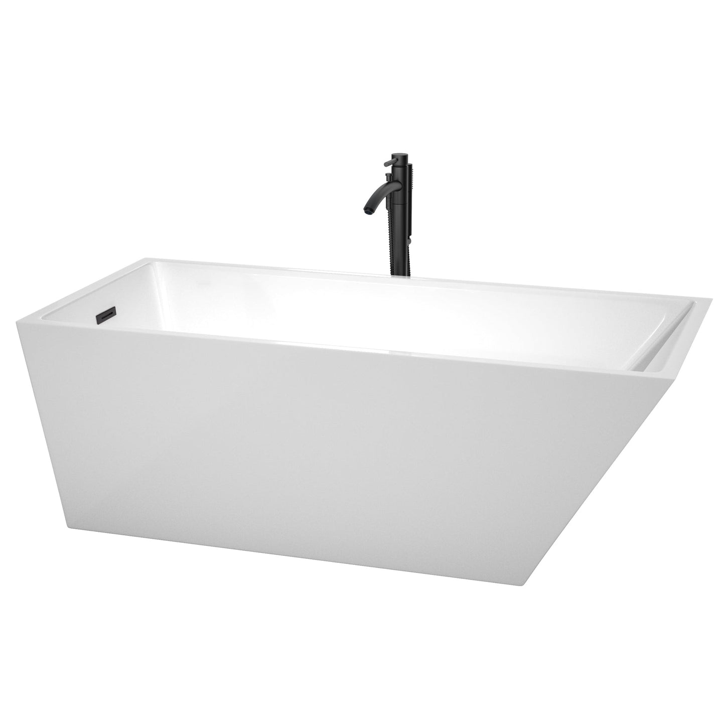 Wyndham Collection Hannah 67" Freestanding Bathtub in White With Floor Mounted Faucet, Drain and Overflow Trim in Matte Black