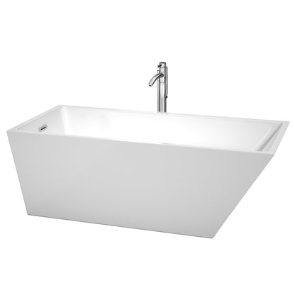 Wyndham Collection Hannah 67" Freestanding Bathtub in White With Floor Mounted Faucet, Drain and Overflow Trim in Polished Chrome
