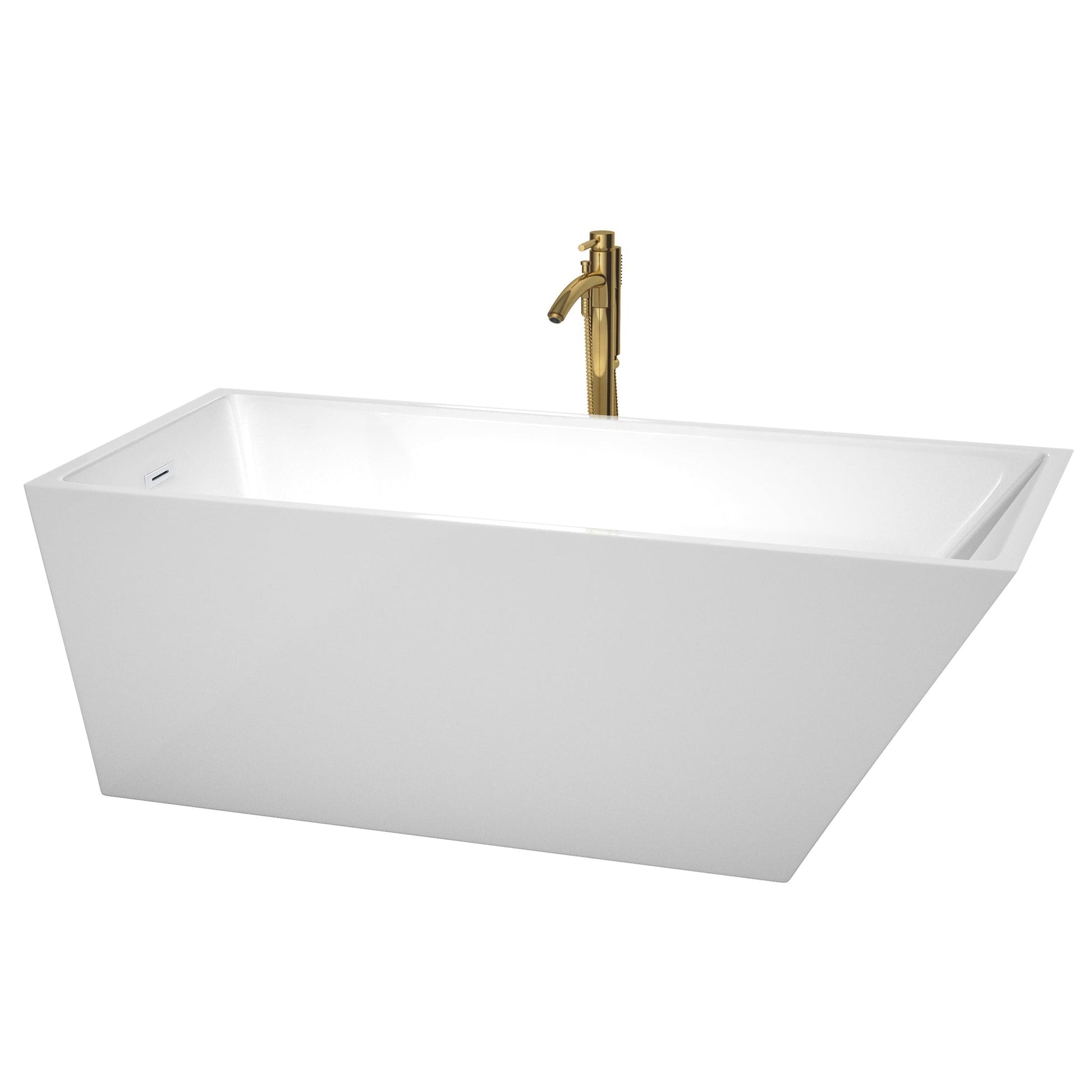 Wyndham Collection Hannah 67" Freestanding Bathtub in White With Shiny White Trim and Floor Mounted Faucet in Brushed Gold