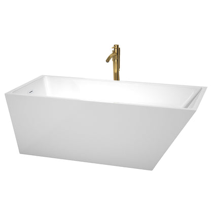 Wyndham Collection Hannah 67" Freestanding Bathtub in White With Shiny White Trim and Floor Mounted Faucet in Brushed Gold