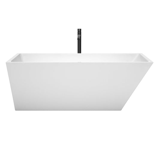 Wyndham Collection Hannah 67" Freestanding Bathtub in White With Shiny White Trim and Floor Mounted Faucet in Matte Black