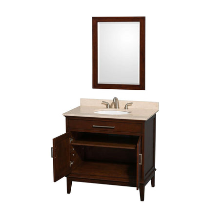 Wyndham Collection Hatton 36" Single Bathroom Vanity in Dark Chestnut, Ivory Marble Countertop, Undermount Oval Sink, and 24" Mirror
