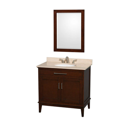 Wyndham Collection Hatton 36" Single Bathroom Vanity in Dark Chestnut, Ivory Marble Countertop, Undermount Oval Sink, and 24" Mirror