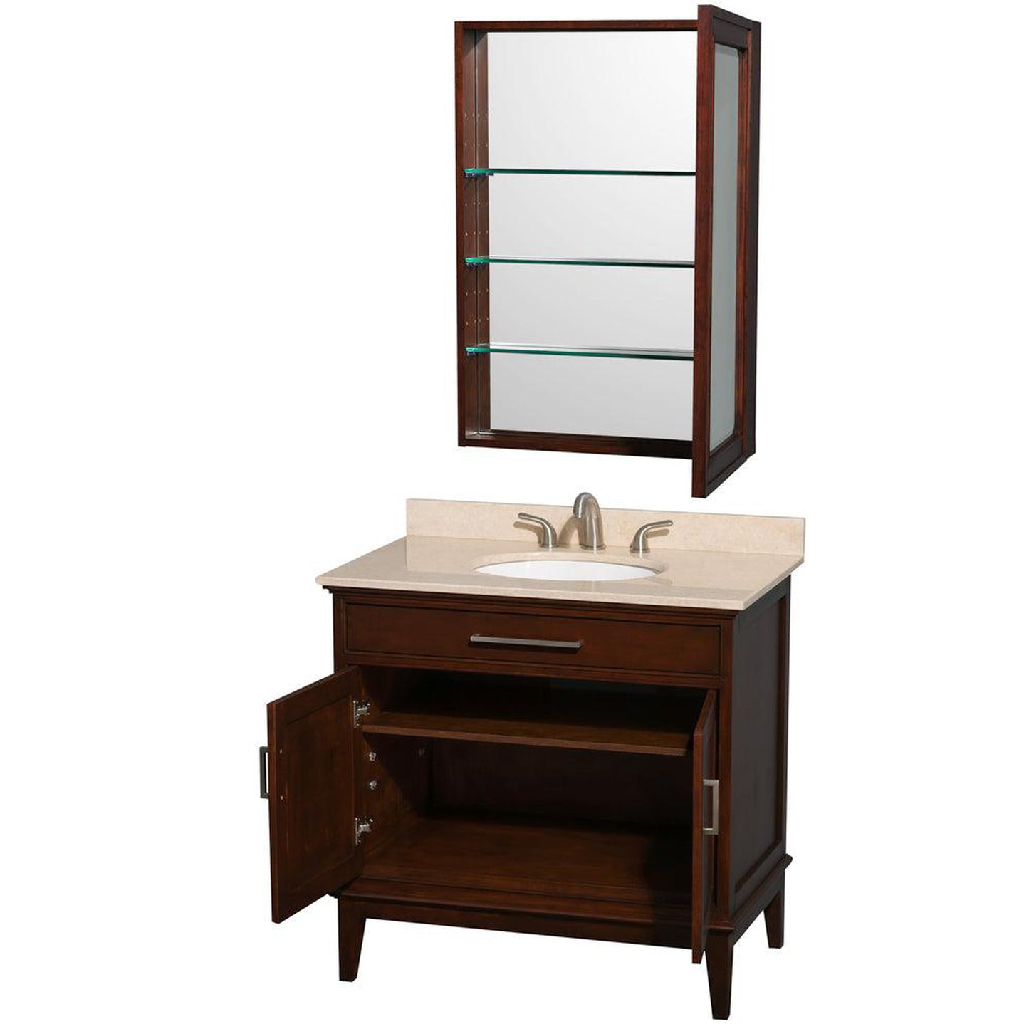 Wyndham Collection Hatton 36" Single Bathroom Vanity in Dark Chestnut, Ivory Marble Countertop, Undermount Oval Sink, and Medicine Cabinet