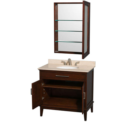 Wyndham Collection Hatton 36" Single Bathroom Vanity in Dark Chestnut, Ivory Marble Countertop, Undermount Oval Sink, and Medicine Cabinet