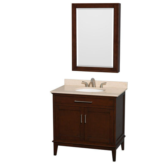 Wyndham Collection Hatton 36" Single Bathroom Vanity in Dark Chestnut, Ivory Marble Countertop, Undermount Oval Sink, and Medicine Cabinet