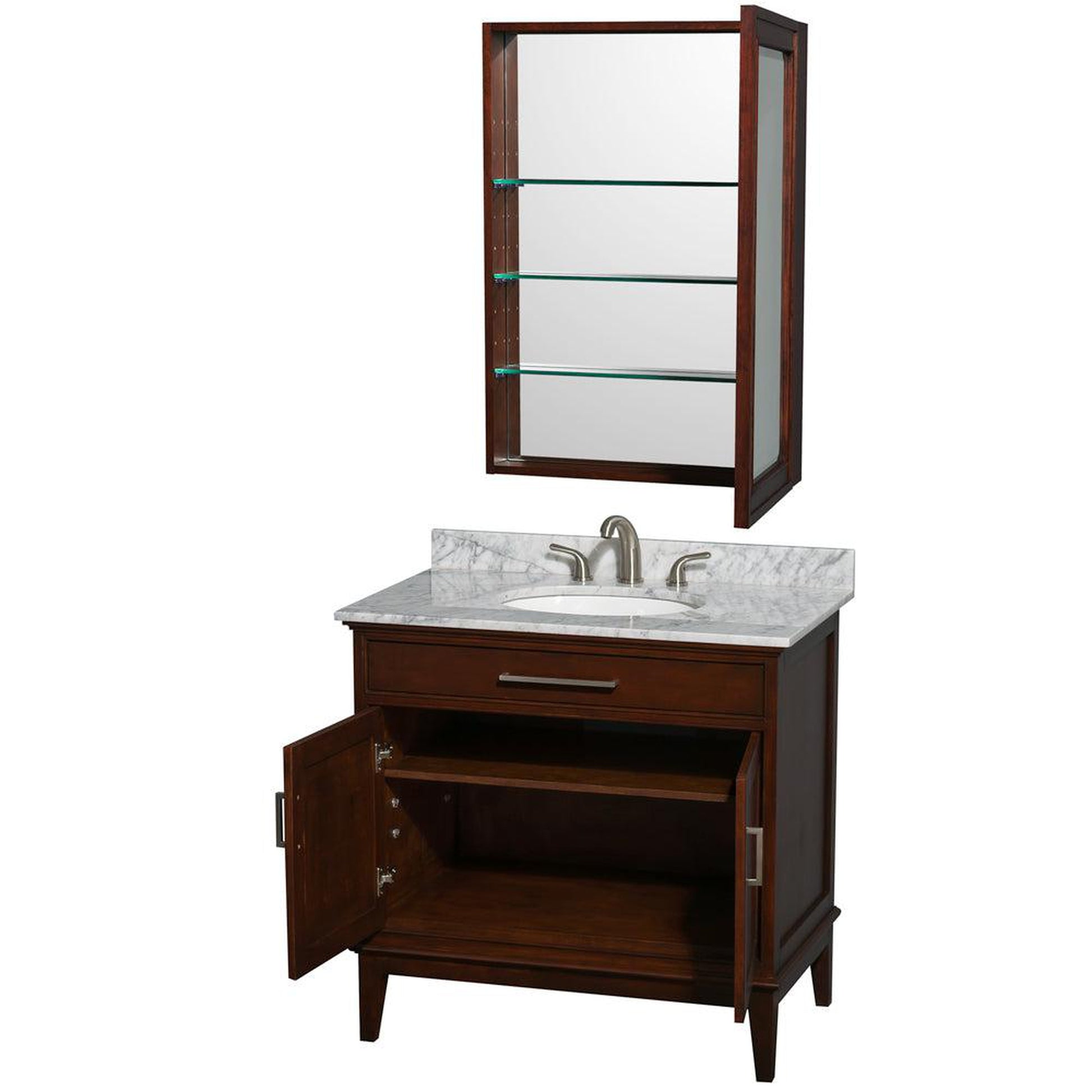 Wyndham Collection Hatton 36" Single Bathroom Vanity in Dark Chestnut, White Carrara Marble Countertop, Undermount Oval Sink, and Medicine Cabinet