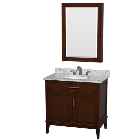 Wyndham Collection Hatton 36" Single Bathroom Vanity in Dark Chestnut, White Carrara Marble Countertop, Undermount Oval Sink, and Medicine Cabinet