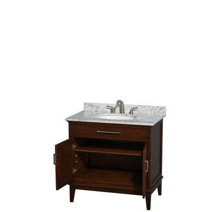 Wyndham Collection Hatton 36" Single Bathroom Vanity in Dark Chestnut, White Carrara Marble Countertop, Undermount Oval Sink, and No Mirror