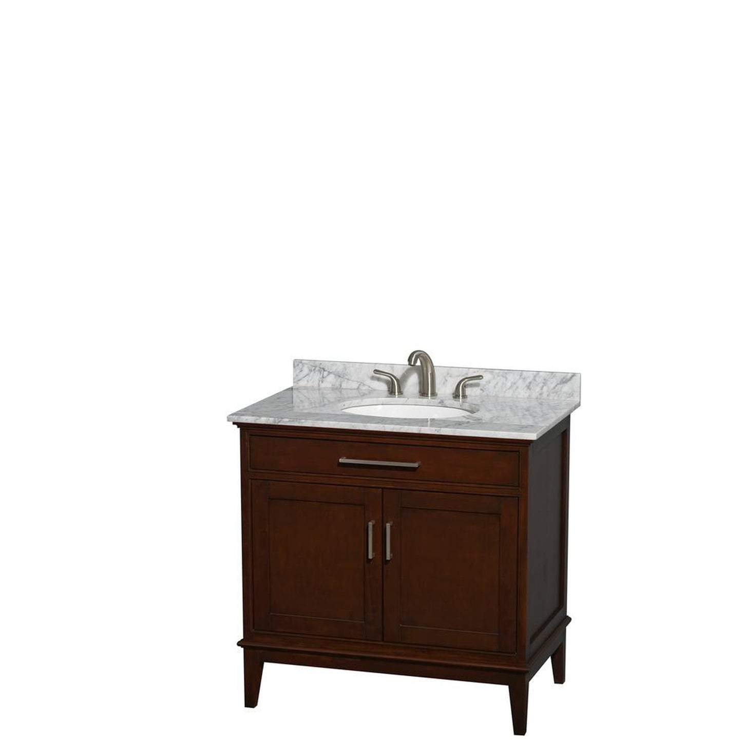 Wyndham Collection Hatton 36" Single Bathroom Vanity in Dark Chestnut, White Carrara Marble Countertop, Undermount Oval Sink, and No Mirror