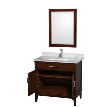 Wyndham Collection Hatton 36" Single Bathroom Vanity in Dark Chestnut, White Carrara Marble Countertop, Undermount Square Sink, and 24" Mirror