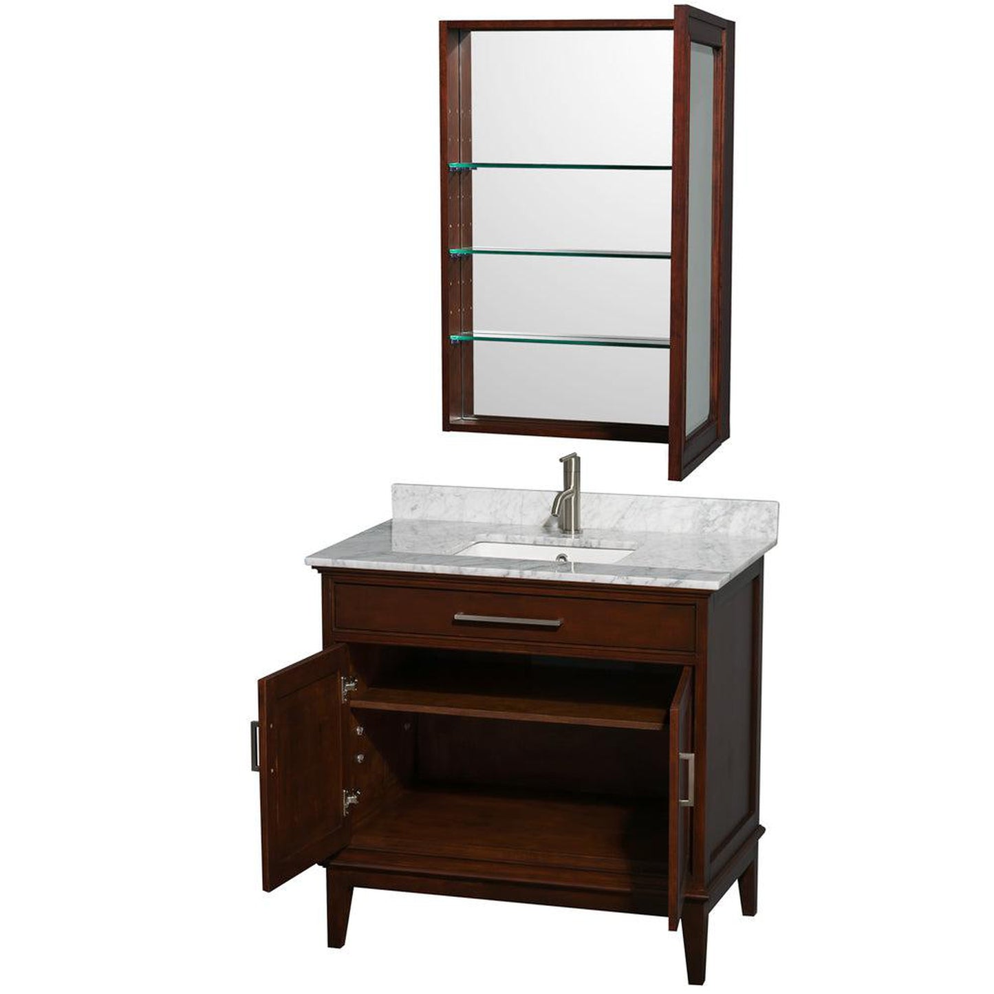 Wyndham Collection Hatton 36" Single Bathroom Vanity in Dark Chestnut, White Carrara Marble Countertop, Undermount Square Sink, and Medicine Cabinet