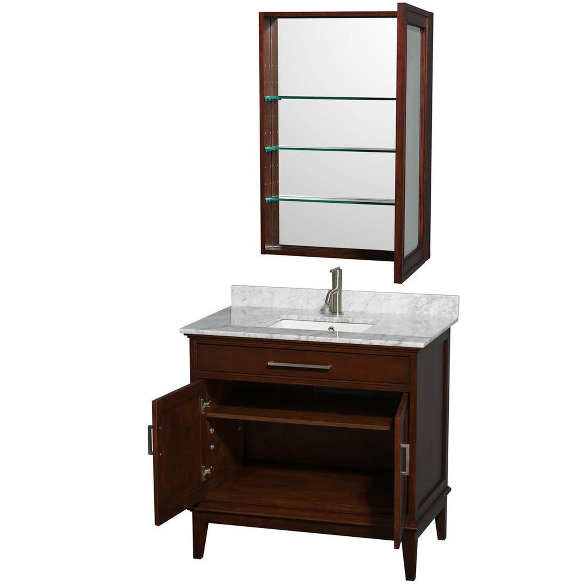 Wyndham Collection Hatton 36" Single Bathroom Vanity in Dark Chestnut, White Carrara Marble Countertop, Undermount Square Sink, and Medicine Cabinet