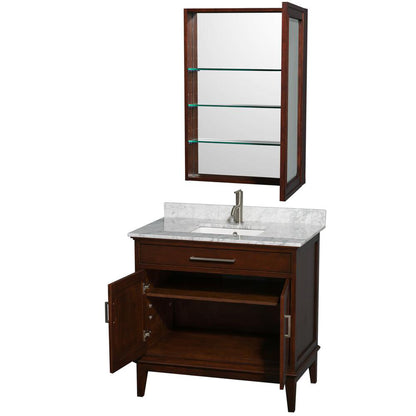 Wyndham Collection Hatton 36" Single Bathroom Vanity in Dark Chestnut, White Carrara Marble Countertop, Undermount Square Sink, and Medicine Cabinet