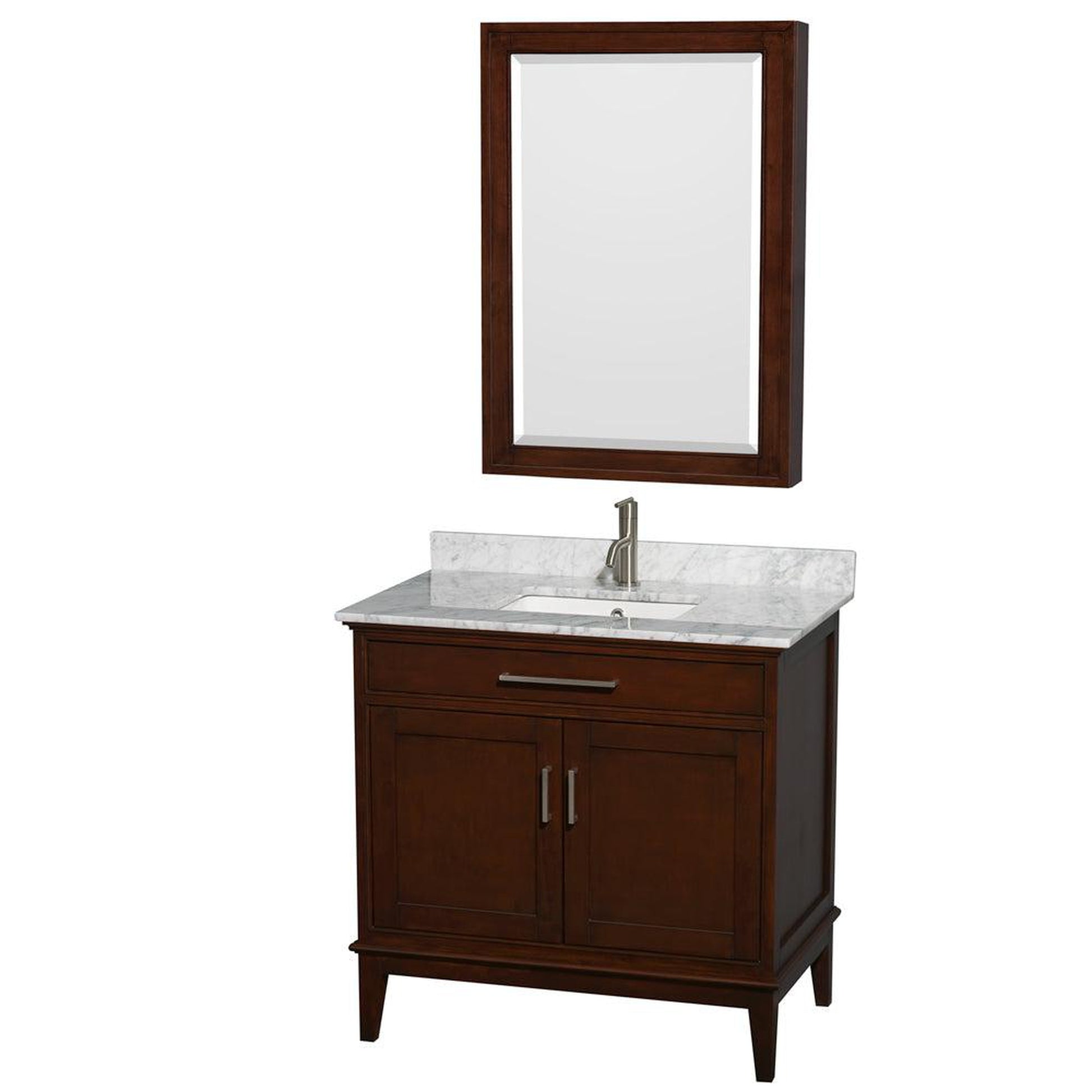Wyndham Collection Hatton 36" Single Bathroom Vanity in Dark Chestnut, White Carrara Marble Countertop, Undermount Square Sink, and Medicine Cabinet