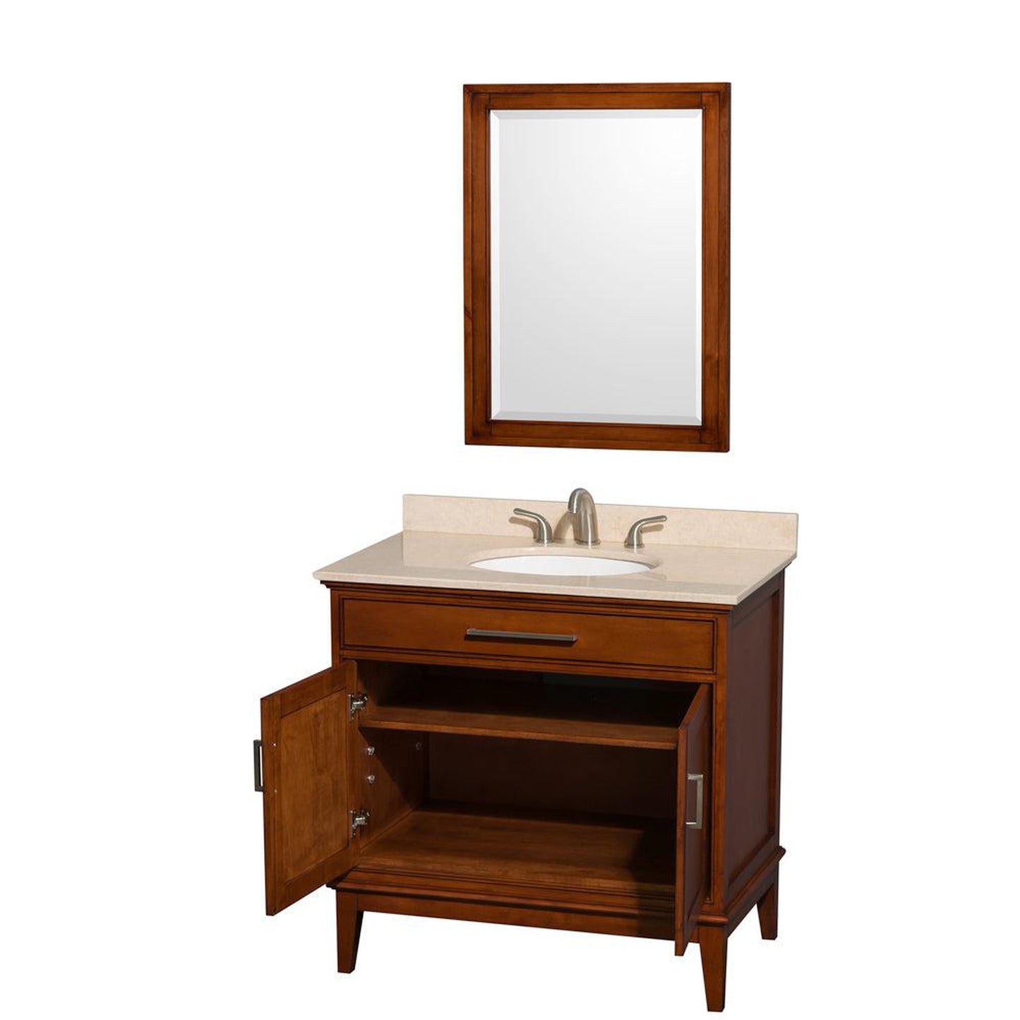 Wyndham Collection Hatton 36" Single Bathroom Vanity in Light Chestnut, Ivory Marble Countertop, Undermount Oval Sink, and 24" Mirror