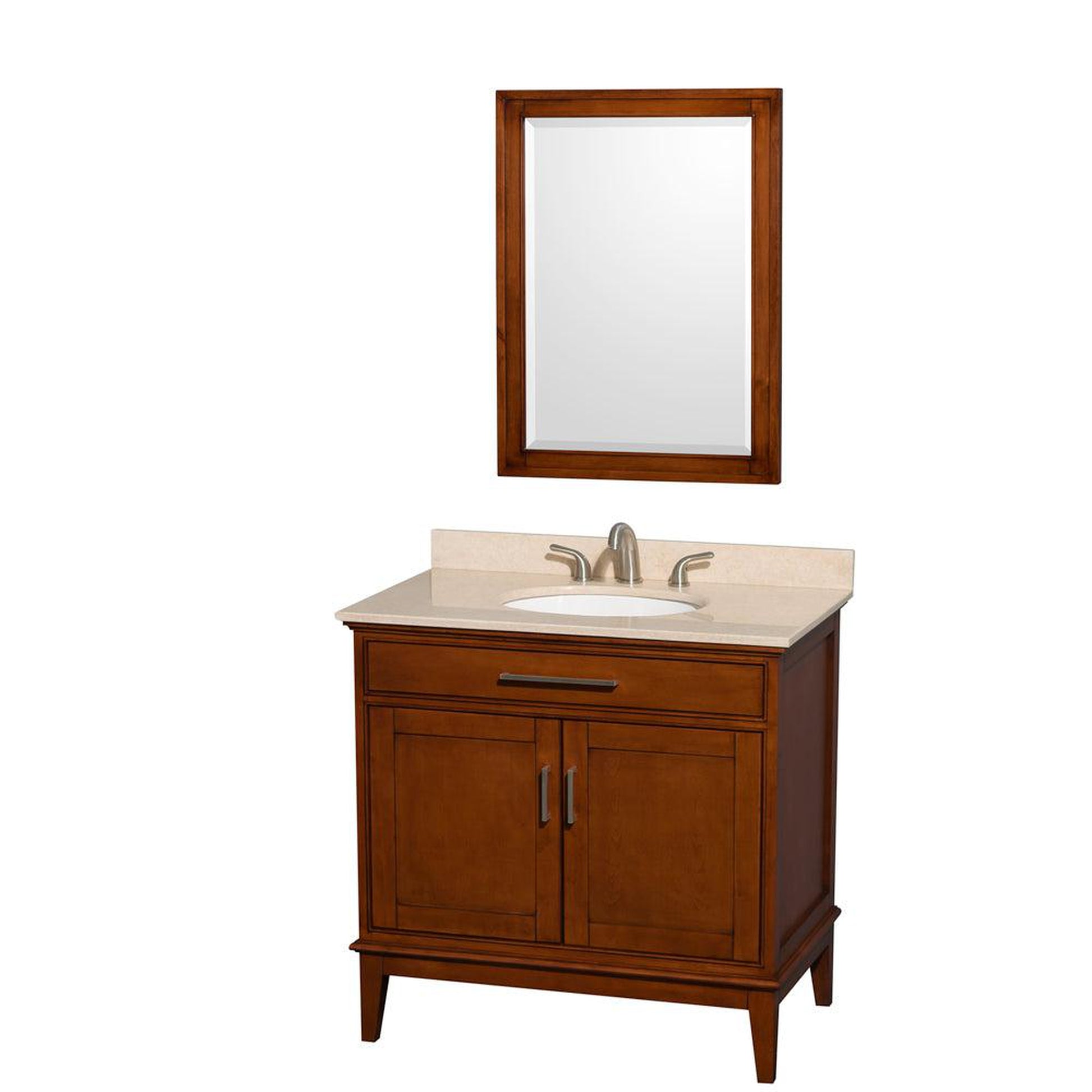 Wyndham Collection Hatton 36" Single Bathroom Vanity in Light Chestnut, Ivory Marble Countertop, Undermount Oval Sink, and 24" Mirror