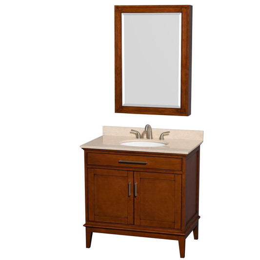 Wyndham Collection Hatton 36" Single Bathroom Vanity in Light Chestnut, Ivory Marble Countertop, Undermount Oval Sink, and Medicine Cabinet