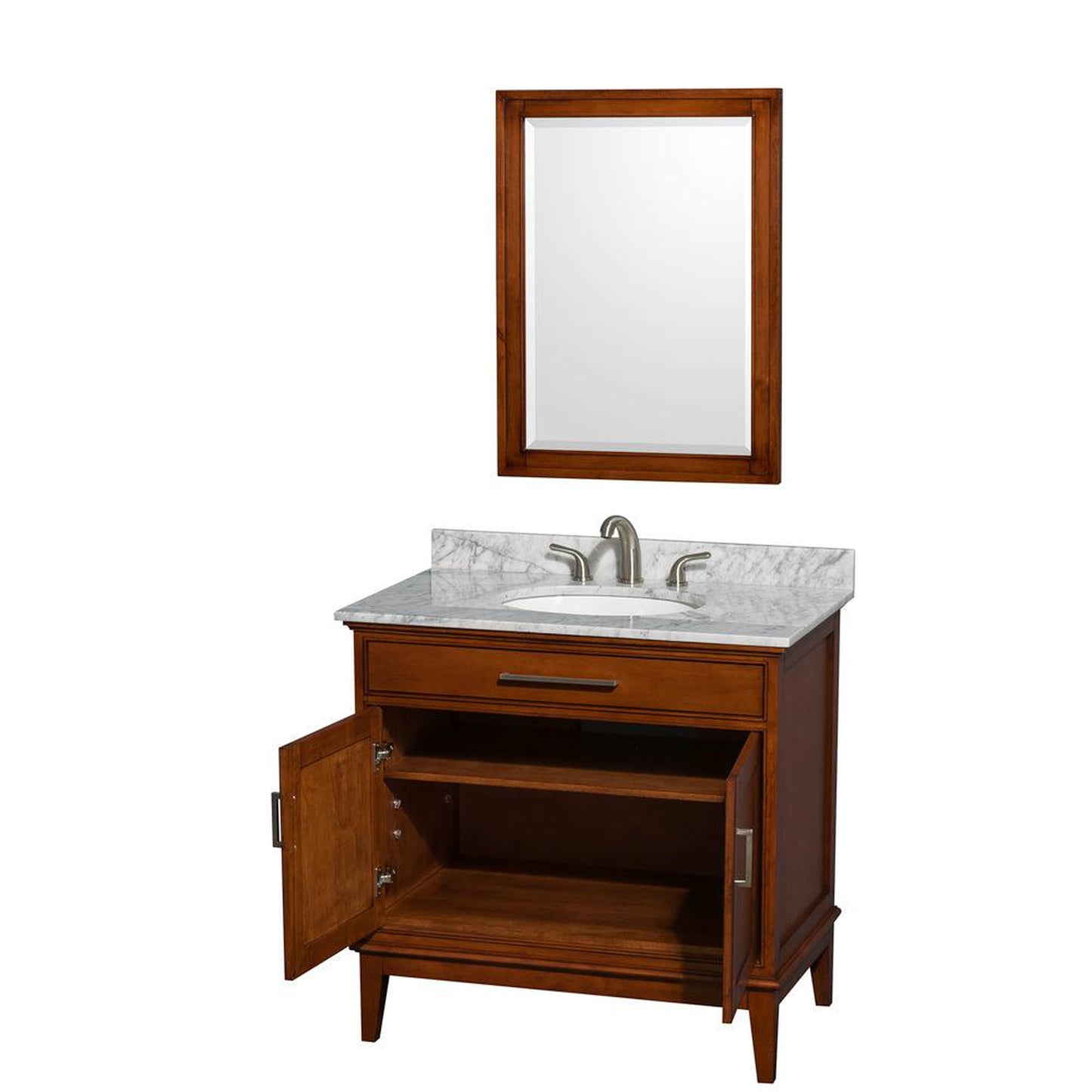 Wyndham Collection Hatton 36" Single Bathroom Vanity in Light Chestnut, White Carrara Marble Countertop, Undermount Oval Sink, and 24" Mirror