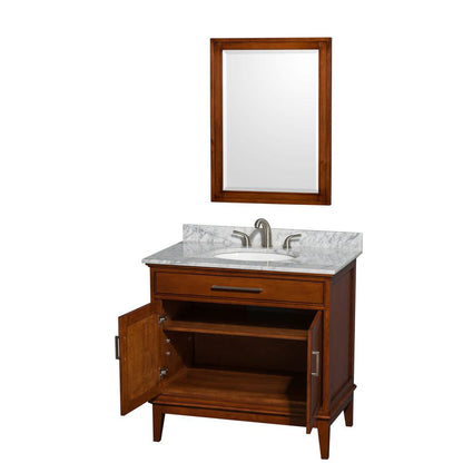 Wyndham Collection Hatton 36" Single Bathroom Vanity in Light Chestnut, White Carrara Marble Countertop, Undermount Oval Sink, and 24" Mirror