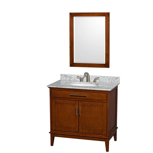 Wyndham Collection Hatton 36" Single Bathroom Vanity in Light Chestnut, White Carrara Marble Countertop, Undermount Oval Sink, and 24" Mirror