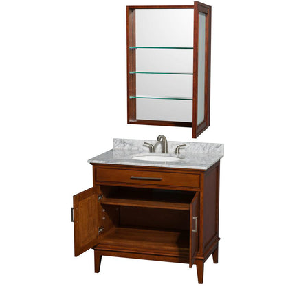 Wyndham Collection Hatton 36" Single Bathroom Vanity in Light Chestnut, White Carrara Marble Countertop, Undermount Oval Sink, and Medicine Cabinet