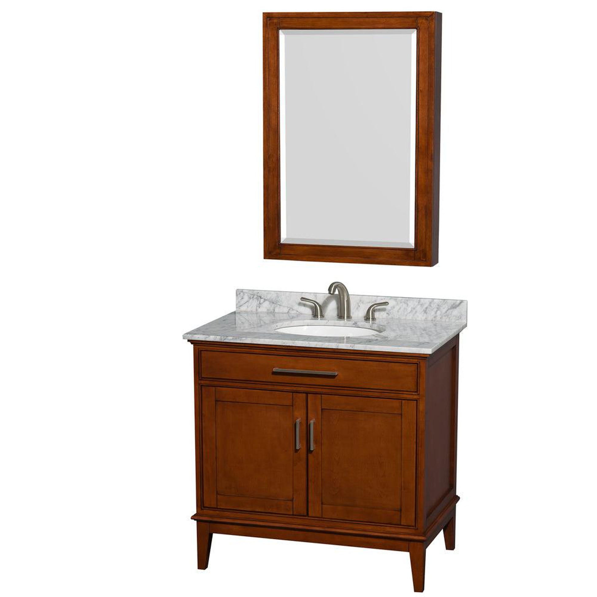 Wyndham Collection Hatton 36" Single Bathroom Vanity in Light Chestnut, White Carrara Marble Countertop, Undermount Oval Sink, and Medicine Cabinet